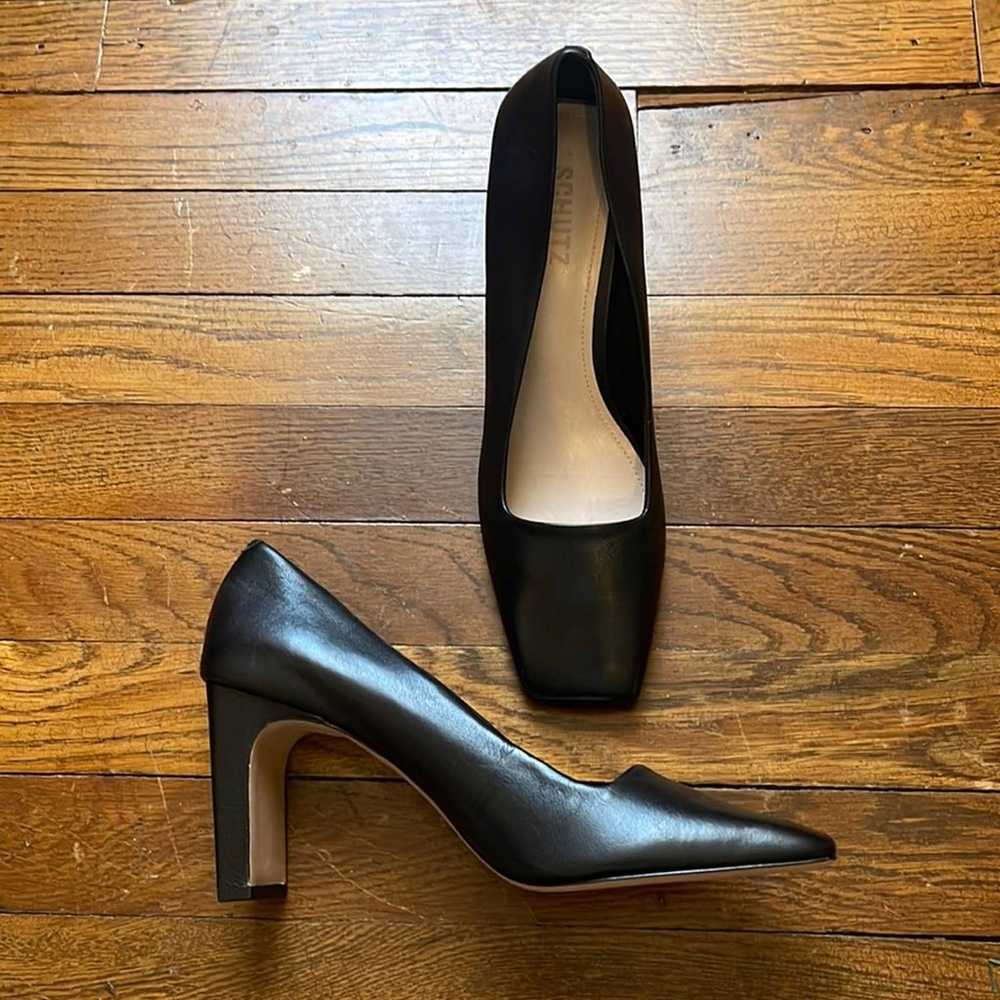 SCHUTZ Black Leather Square Toe Pump Heels Size 8 - image 1