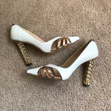 FSJ White and Gold Pointy Toe Heel Shoe