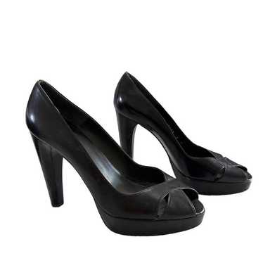 Stuart Weitzman black leather platform peep toe h… - image 1