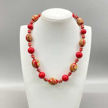 Vintage Red Floral Chunky Bead Necklace Japan 17"… - image 1