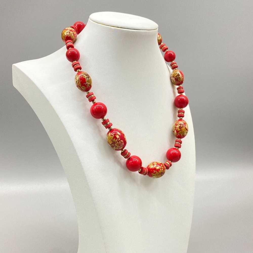 Vintage Red Floral Chunky Bead Necklace Japan 17"… - image 2
