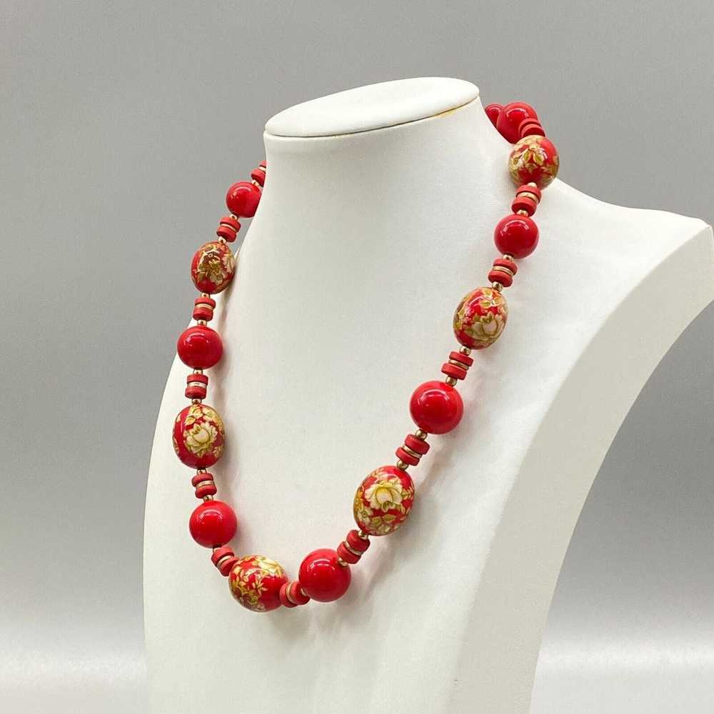 Vintage Red Floral Chunky Bead Necklace Japan 17"… - image 3