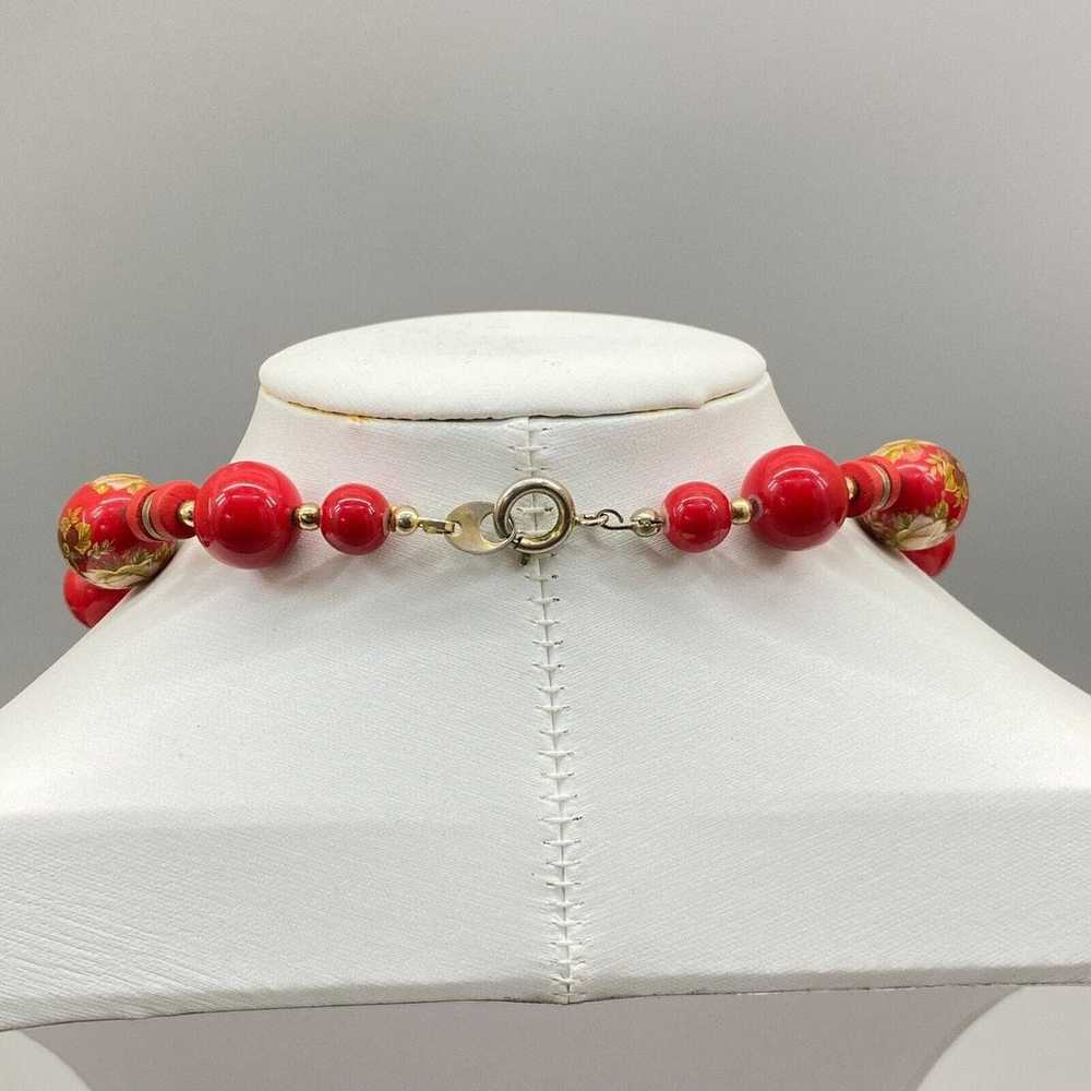 Vintage Red Floral Chunky Bead Necklace Japan 17"… - image 4