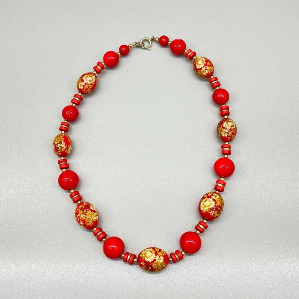 Vintage Red Floral Chunky Bead Necklace Japan 17"… - image 5