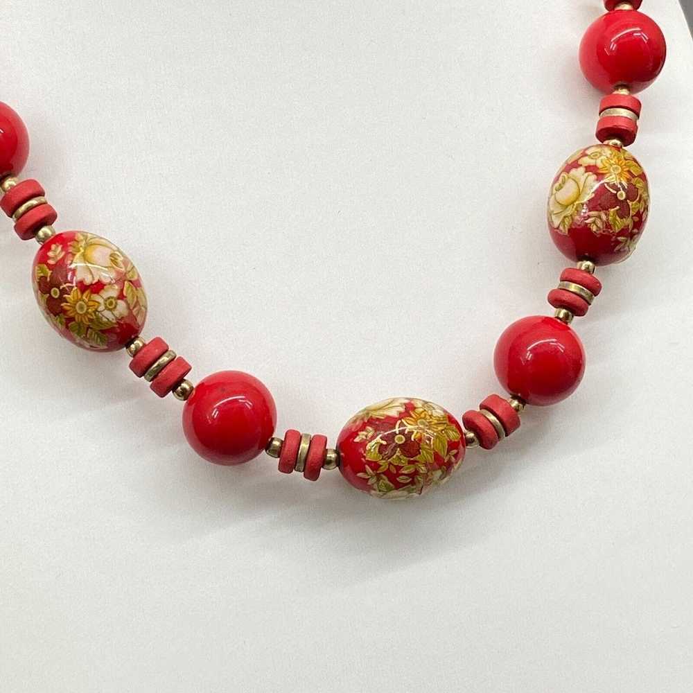 Vintage Red Floral Chunky Bead Necklace Japan 17"… - image 6