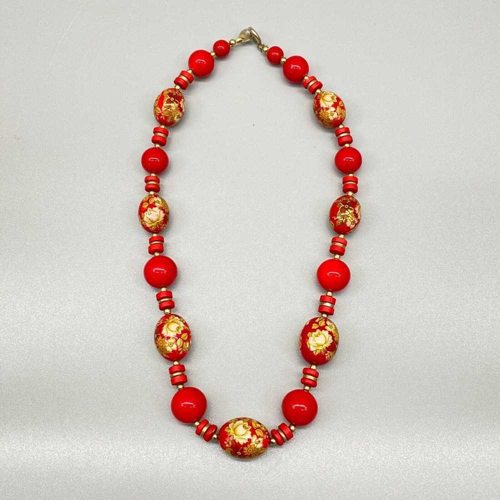 Vintage Red Floral Chunky Bead Necklace Japan 17"… - image 7
