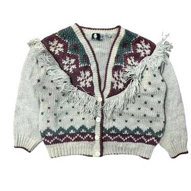Vintage 80s Cardigan Sweater Fair Isle Fringe Kni… - image 1