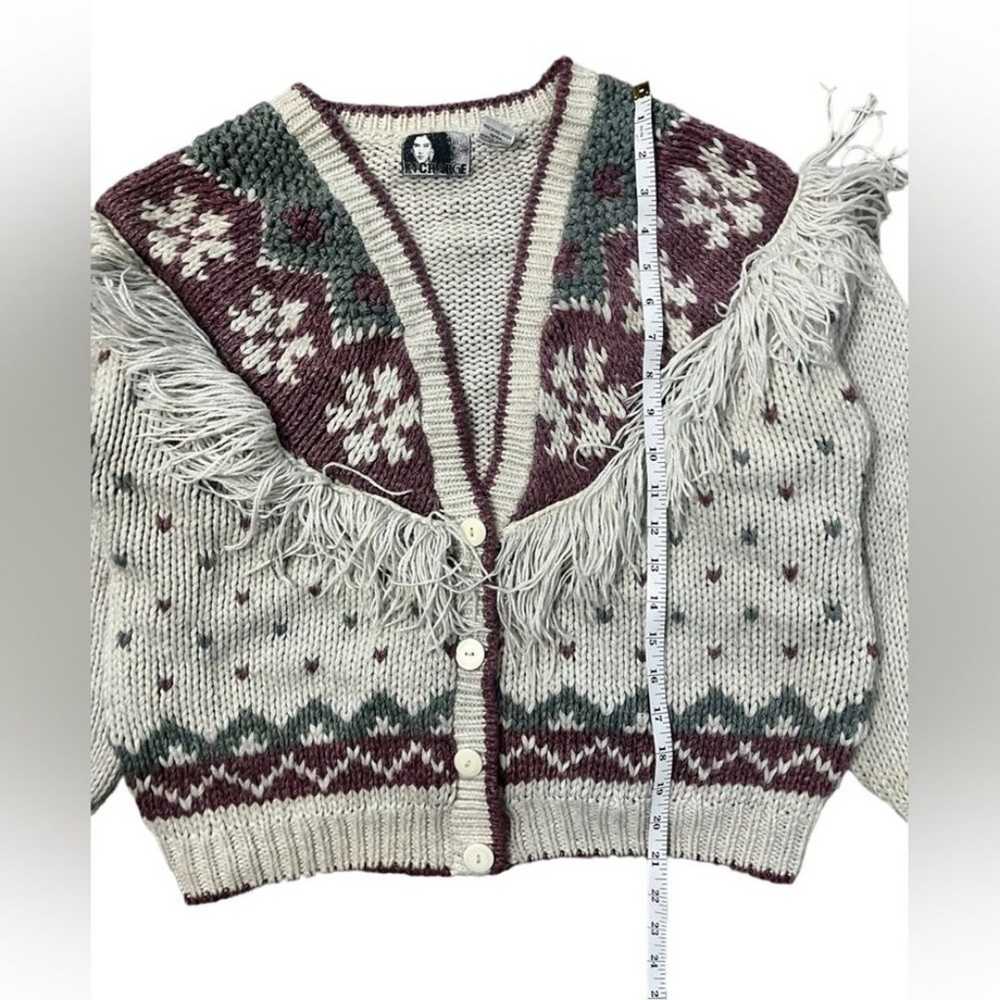 Vintage 80s Cardigan Sweater Fair Isle Fringe Kni… - image 8