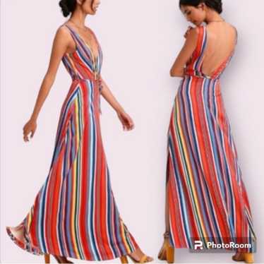 Lulus Elianna Backless Rainbow Stripe Gown - image 1