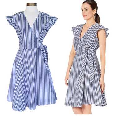 Calvin Klein Blue Striped Wrap Dress Size 4 Flutt… - image 1