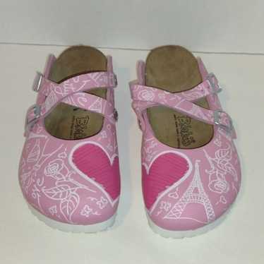 Birkenstocks Paris themed pink with hearts and ros
