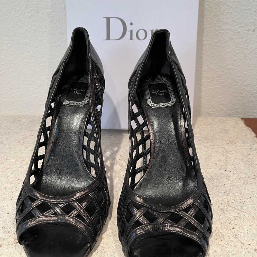 Dior 3 1/2” metallic black heels lattice work “wh… - image 3