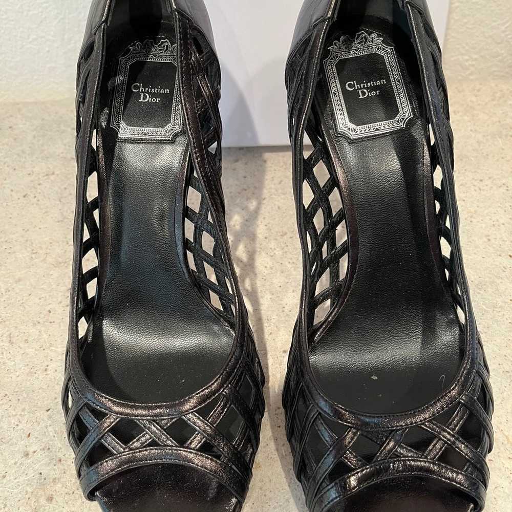 Dior 3 1/2” metallic black heels lattice work “wh… - image 5