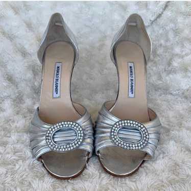 Manolo Blahnik silver dorsay open toe heels