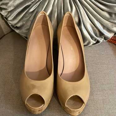 Stuart Weitzman Wedge Patent Nude Peep Toe Pumps - image 1