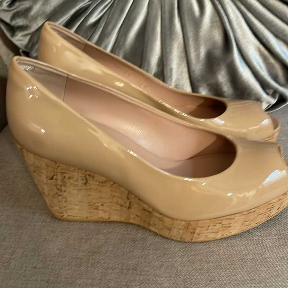 Stuart Weitzman Wedge Patent Nude Peep Toe Pumps - image 3