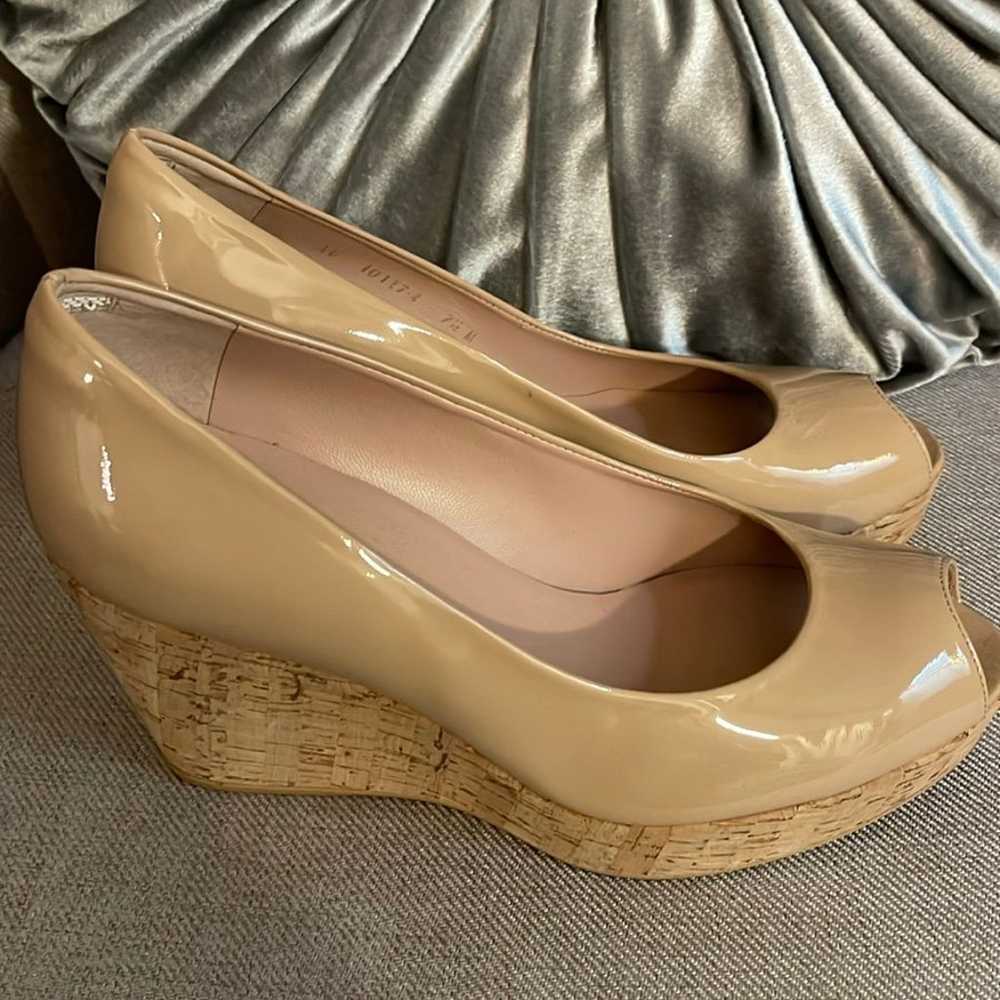 Stuart Weitzman Wedge Patent Nude Peep Toe Pumps - image 7