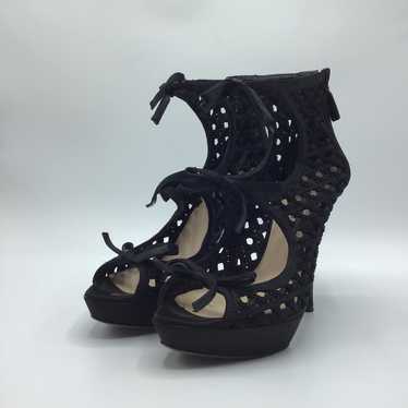 Prada Milano black satin lattice cut open toe desi