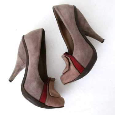 Marni Beige Red Suede Loafer Cone Heels