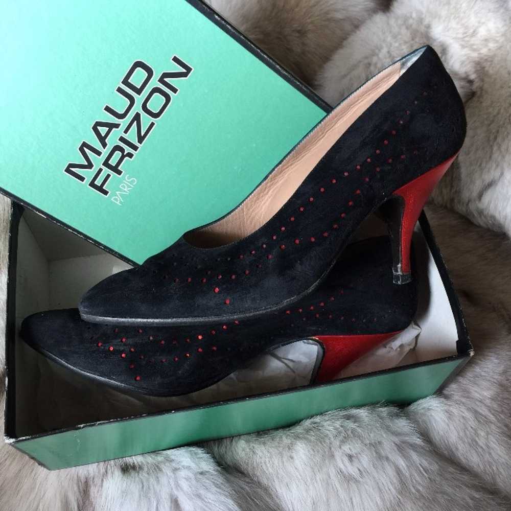 Black Sued Heels with Red Heel and Dots - image 1