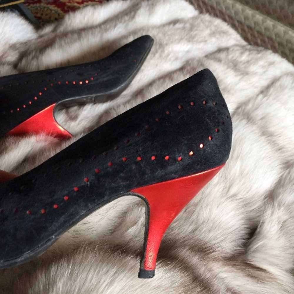 Black Sued Heels with Red Heel and Dots - image 8