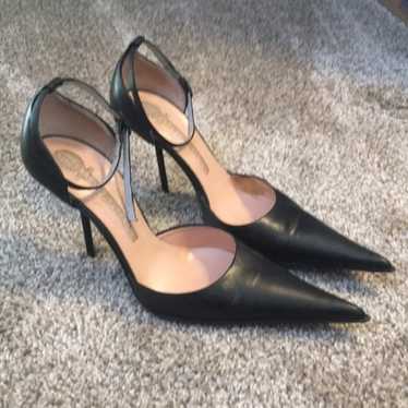 Italian Leather Black Pointy Heels Size 37 6.5M - image 1