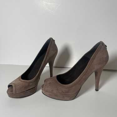 Stuart Weitzman suede taupe heels peep toe - image 1