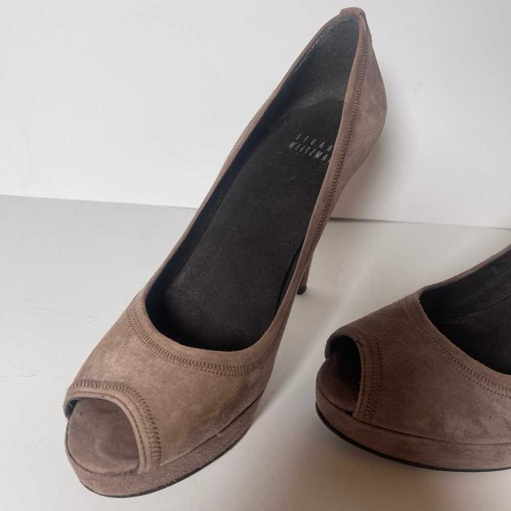 Stuart Weitzman suede taupe heels peep toe - image 2