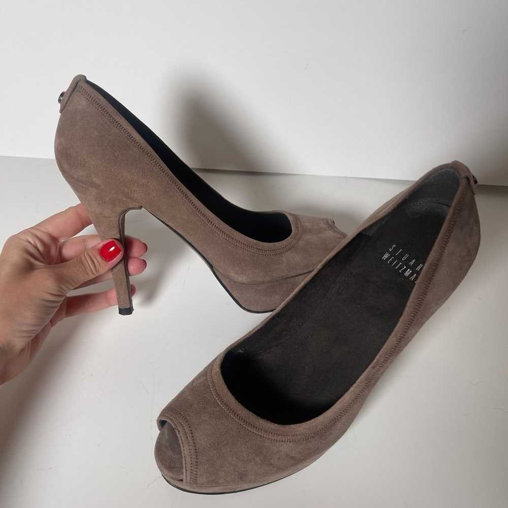 Stuart Weitzman suede taupe heels peep toe - image 4