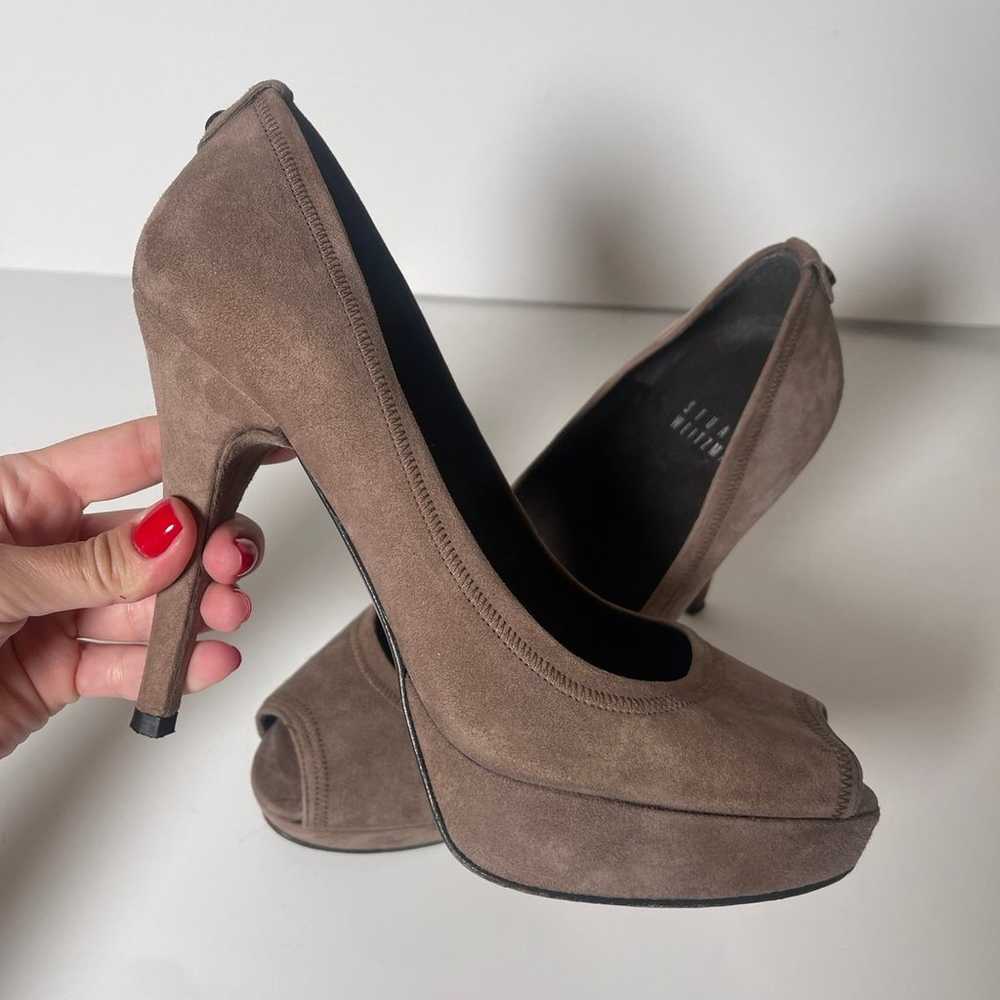 Stuart Weitzman suede taupe heels peep toe - image 5