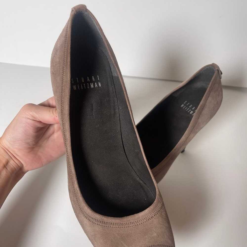 Stuart Weitzman suede taupe heels peep toe - image 6