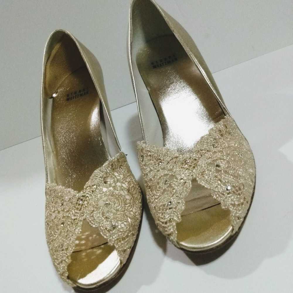 Stuart Weitzman 9 M Gold Sequin Peep Ope - image 2