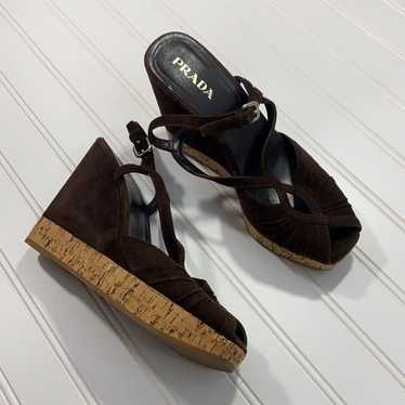 Prada Suede Cork Platform Wedge Sandals, Brown, S… - image 1