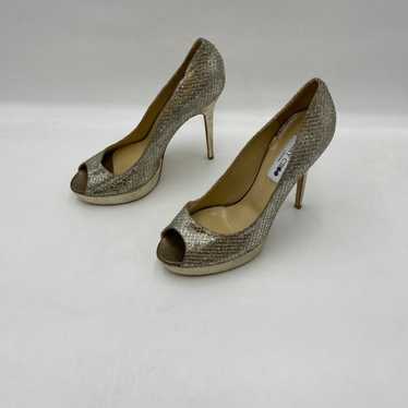 Jimmy Choo Crown Gold Glitter Sparkle Peep Toe Pla