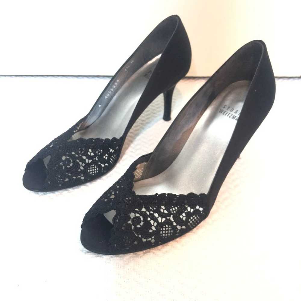 Stuart Weitzman Satin Lace Heels Black - image 1