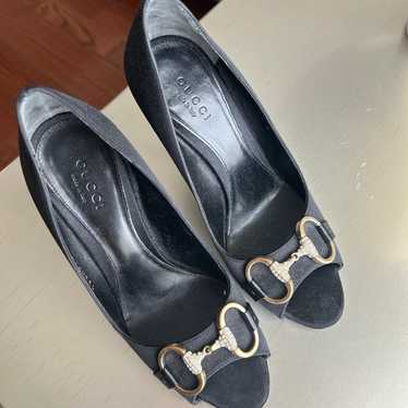 Black satin open toe pump