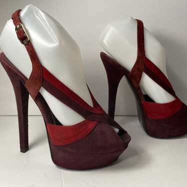 Fendi suede open toe sandals pumps heels burgundy… - image 1