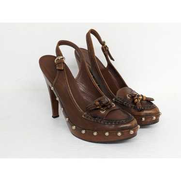 GUCCI Brown Leather Tassel Loafer Slingback Clogs 