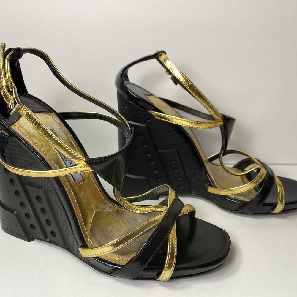 Prada strappy t-strap wedge sandals heels black g… - image 1