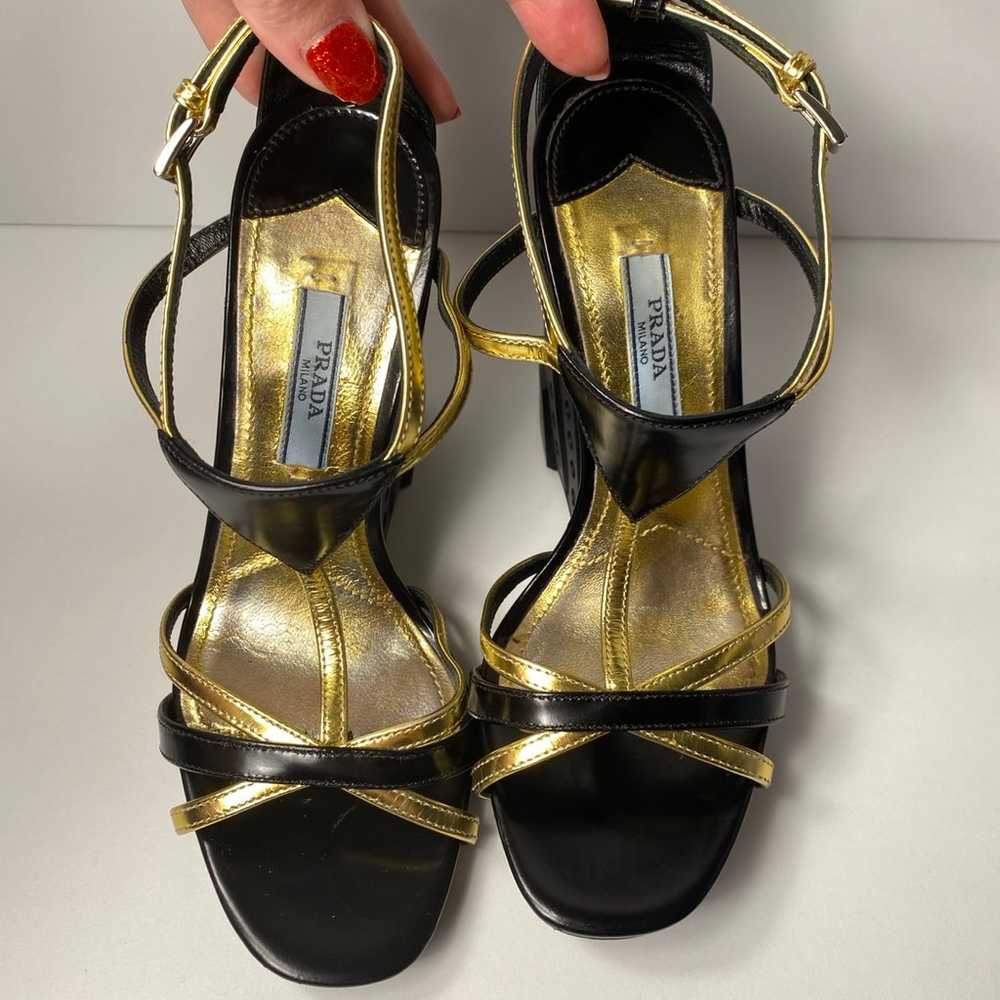 Prada strappy t-strap wedge sandals heels black g… - image 3