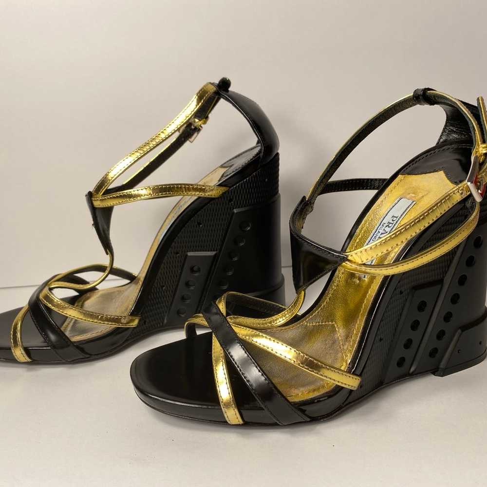 Prada strappy t-strap wedge sandals heels black g… - image 4