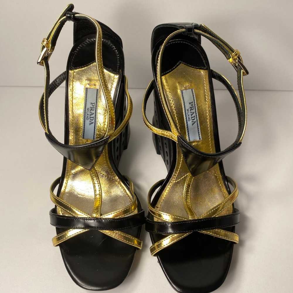 Prada strappy t-strap wedge sandals heels black g… - image 5