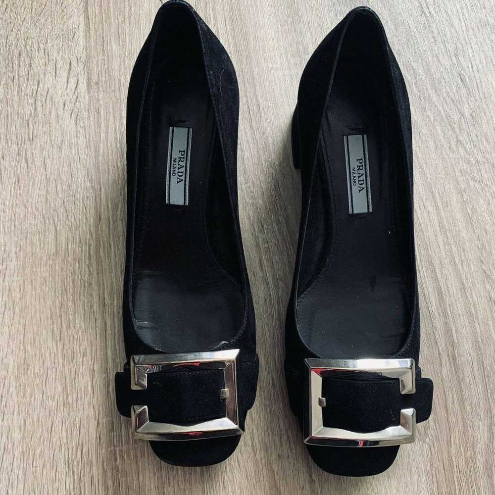 Prada Black Suede Large Buckle Block Heel Loafers - image 1