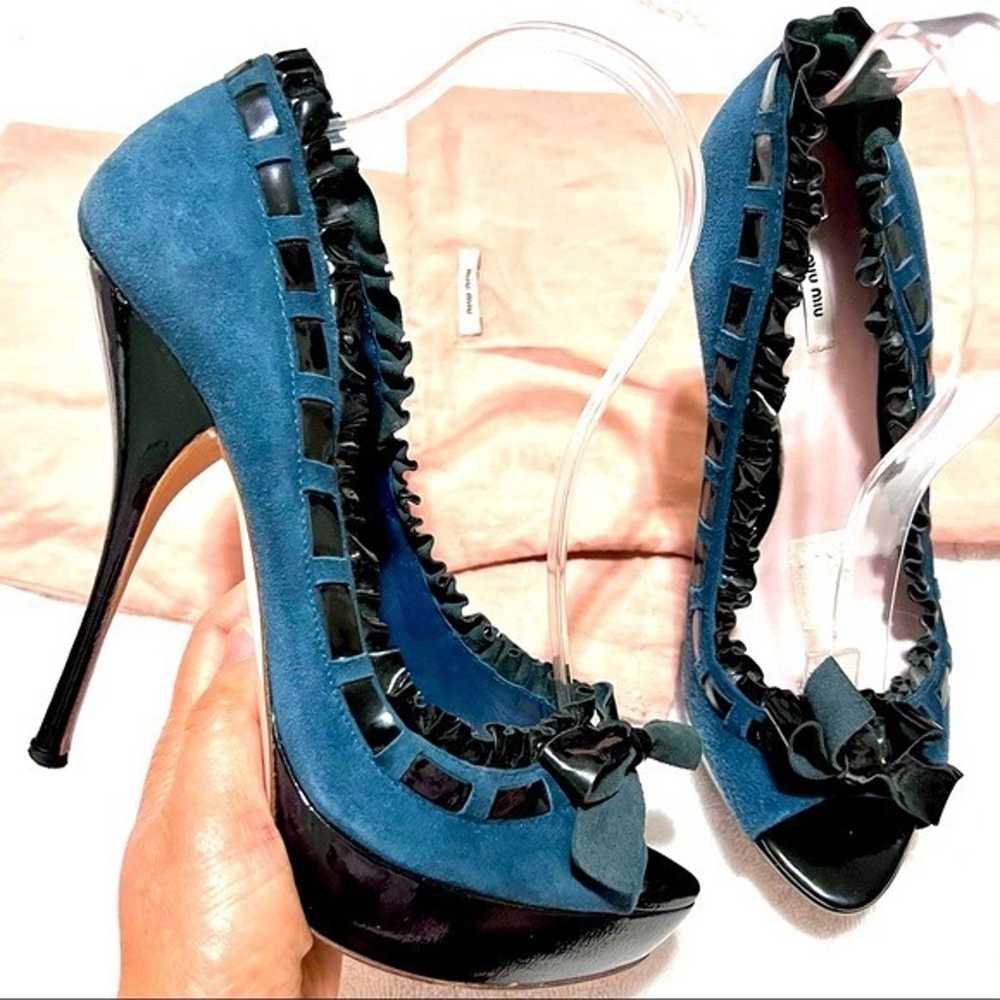 MIU MIU Teal suede bow stiletto heels peep toes p… - image 1