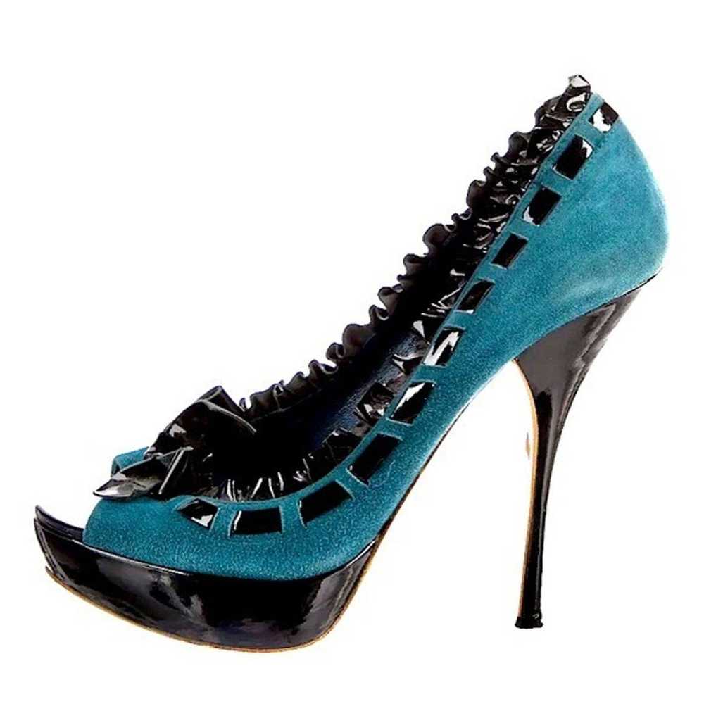 MIU MIU Teal suede bow stiletto heels peep toes p… - image 2