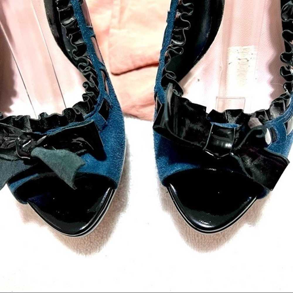 MIU MIU Teal suede bow stiletto heels peep toes p… - image 4