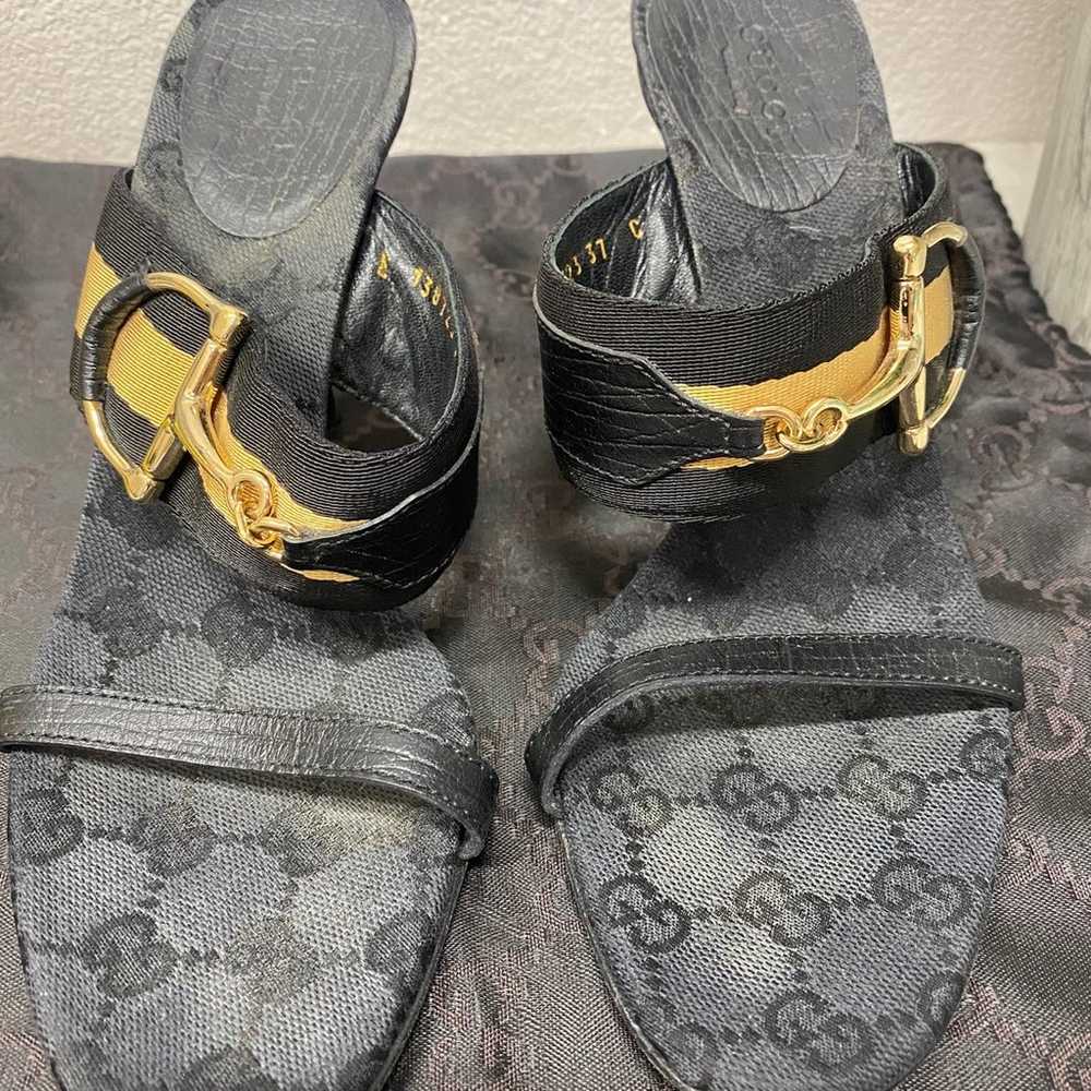 Gucci Black Canvas Saddle Sandals Heels Size 7 - image 2