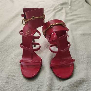 Gucci Patent Ankle-Wrap Cage T-Strap Sandal Pink - image 1