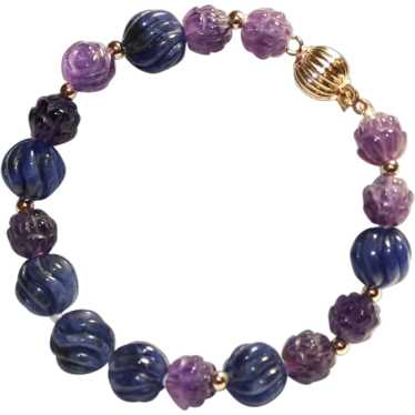 Carved Swirl Lapis Lazuli And Amethyst Breacelet