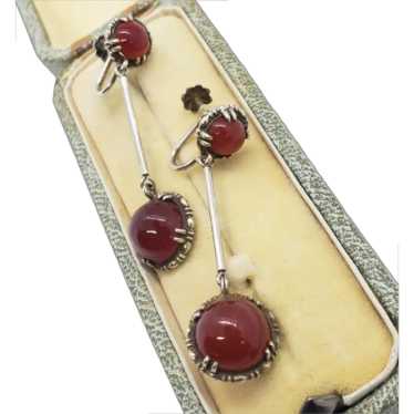 Antique Victorian Carnelian Drop Earrings 925 Ste… - image 1